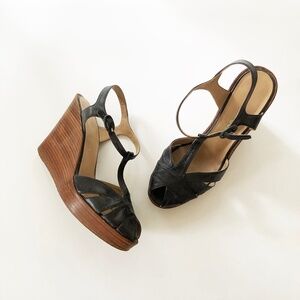 Vintage / The Shoe Box /Navy Blue Leather Wedge Sandals, Made in Italy /…